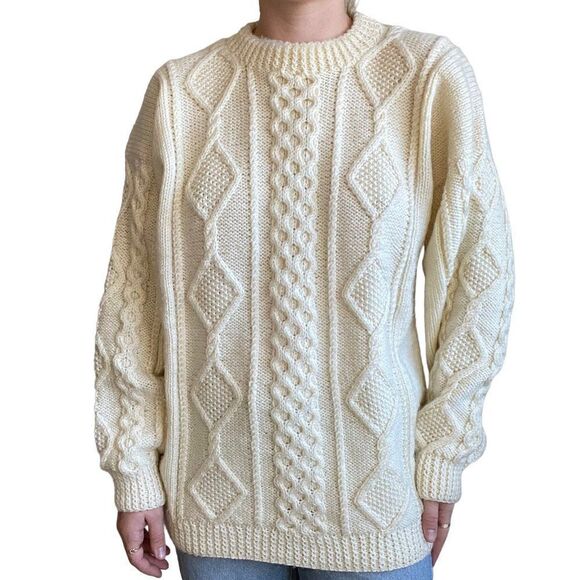 Vintage Womens Hand Knit White Fisherman Crew Oversized Winter Chunky Sweater XL - Picture 2 of 7